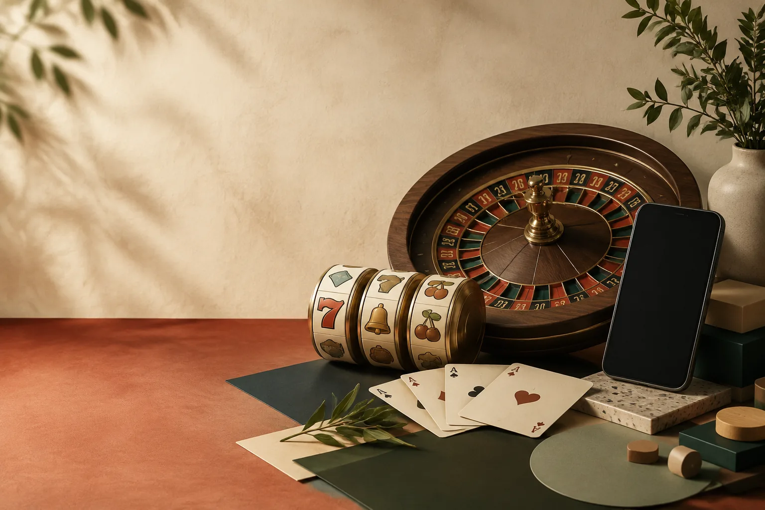 Komposisi editorial roulette, slot, kartu, dan perangkat seluler