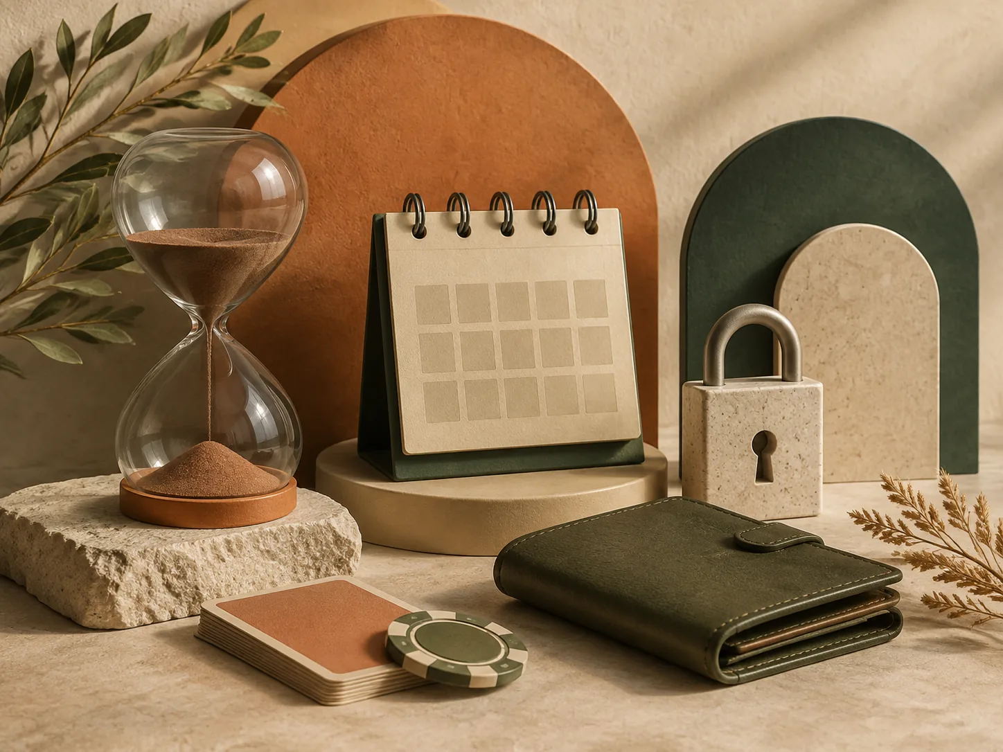 Jam pasir, kalender, kunci, dompet tertutup, dan keping kasino